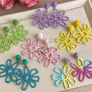 Colorful woven raffia flower drop earrings for women in multiple vibrant summer colors