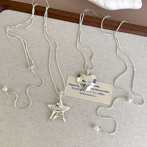 Adjustable silver snake chain necklaces with engraved heart and star pendants with pearls