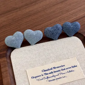 Korean Vintage Denim Fabric Heart Stud Earrings Sweet Button Handmade Cloth Heart Jewelry For Women Daily Dating Fashion