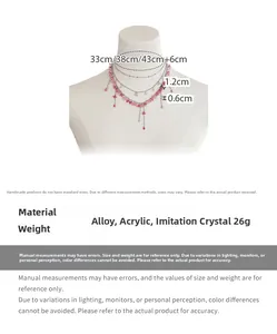 Detailed dimensions of multi-layer pink bead and alloy choker with crystal accents