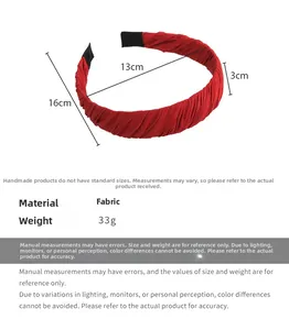 Red pleated fabric headband with size details showing 13cm inner diameter and 3cm width