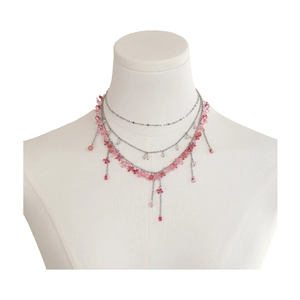 Three-layer pink floral beaded necklace with silver chain and elegant long tassels