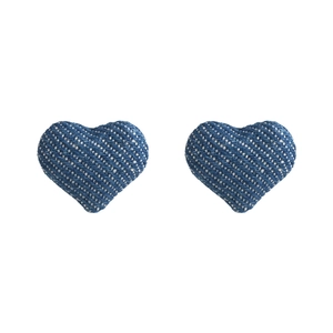 Retro denim blue heart-shaped button earrings with twill texture on white background