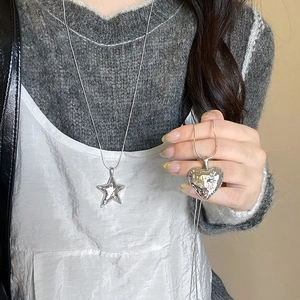 Hammered Irregular Heart Star Pendant Necklace For Women Stainless Steel Alloy Snake Bone Adjustable Long Sweater Chain Artificial Pearl Jewelry
