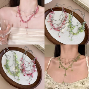 Sweet Multilayer Flower Beaded Necklace For Women Alloy Acrylic Rhinestone Choker Romantic Pink Green Floral Pendant Clavicle Chain Jewelry
