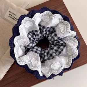 Navy Blue Plaid Scrunchie With Heart Embroidery White Lace Trim Sweet Korean Style Fabric Hair Tie For Women Girls