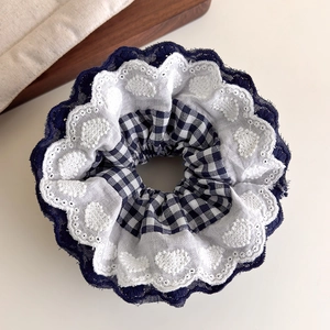 Navy checkered scrunchie with dual-layer lace embroidery and heart patterns
