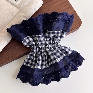 Navy blue lace embroidery plaid scrunchie with layered fabric and white contrast trim