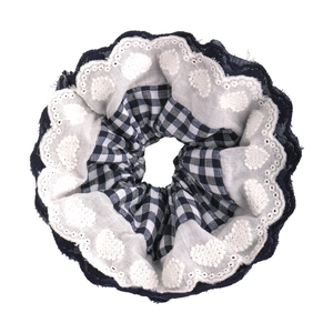 Navy blue checkered scrunchie with lace edges and heart embroidery hair accessory
