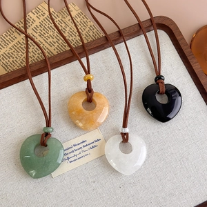 Natural heart stone pendant necklace in four colors with long brown cord style