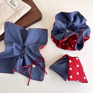 Märchen Kontrastfarbe Denim Blau Rot Gepunktet Haargummis Süße Schleife Künstliche Perle Stoff Haarbänder Für Damen Mädchen Schmuck