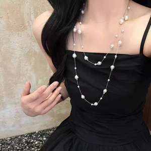 Barock Imitationsperle Lange Halskette Edelstahl Schlangenkette Layered Pullover Kette Eleganter Schmuck Für Damen
