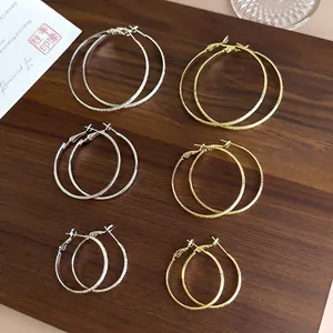Fashion Copper Hoop Earrings With 925 Sterling Silver Earring Post Frosted Texture Circular Metal Ear Jewelry For Women
