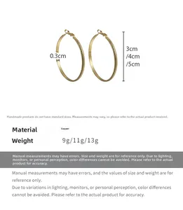 Size guide for gold copper hoop earrings showing 3cm to 5cm diameter and material specs