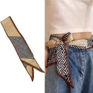 Vintage Houndstooth Chevron Patchwork Narrow Long Scarf For Women Satin Polyester Waist Belt Bag Strap Hair Ribbon Accessory