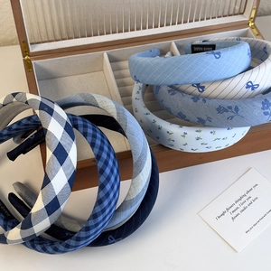 Blue plaid bow sponge headband for women with high top design and handmade fabric finish