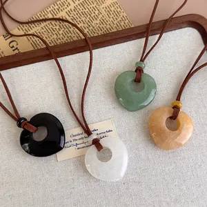 Vintage Natural Stone Heart Pendant Long Necklace For Women Hand-Polished Rope Chain Sweater Chain Jewelry Accessories