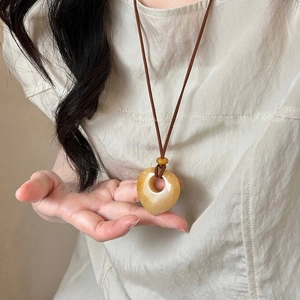 Natural yellow stone heart pendant long necklace with dark brown adjustable rope for women