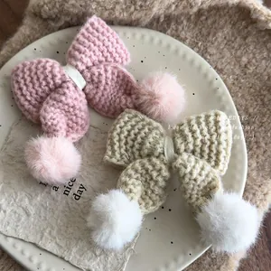 Herbst Winter Süße Gestrickte Schleife Haarspange Für Mädchen Süße Handgefertigte Wollgarn Haarnadel Mit Bommel Schmuck