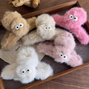 Set of 5 cute plush hair claws with cartoon eyes in assorted colors for autumn and winter