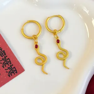 New Chinese Style Snake Zodiac Drop Earrings For Women Gold Plated Copper Red Rhinestone Inlaid Animal Shape Ear Jewelry