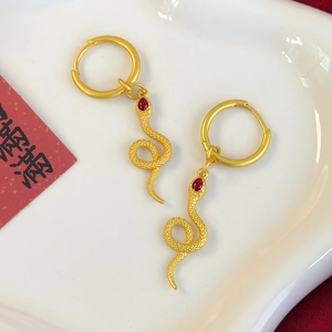 New Chinese style snake earrings with matte gold finish and red teardrop gemstones