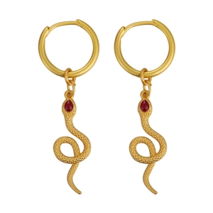 New Chinese zodiac snake hoop earrings in gold metal with red teardrop gemstone accents