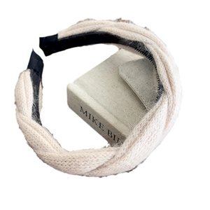 Knitted chunky twist headband in beige mohair wool with non-slip inner teeth for women