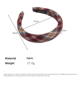 Detail view of plaid padded headband showing dimensions, weight, and handmade woven label