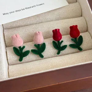 Sweet Tulip Flower Stud Earrings For Women Cute Pink Red Flocking Alloy Floral Earrings Fashion Jewelry Korean Style Gift