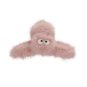 Cute cherry pink plush hair claw clip with large cartoon eyes for winter hair styling