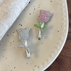 Sparkling tulip hair clips set with silver base and vibrant rhinestones in pink and white