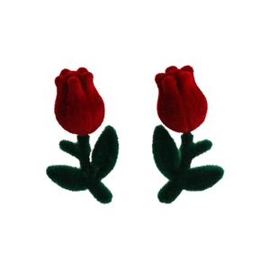 Cute red velvet tulip stud earrings with green flocked leaves on white background
