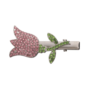 Sparkling tulip flower hair clip with pink and green rhinestones on silver metal