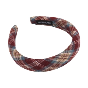 Classic red and blue plaid headband with fabric texture and handmade label