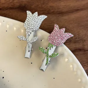 Cute Rhinestone Tulip Flower Hair Clip For Women Girl Sweet Alloy Inlaid Rhinestone Bangs Clip Duckbill Clip Hair Accessory