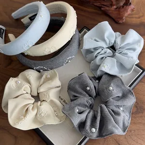 Floral Embossed Artificial Pearl Fabric Headband And Hair Scrunchie French Style Vintage Women Hair Accessories Headwear