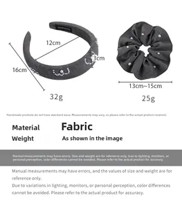Detailed size parameters for the grey floral fabric headband with white pearls