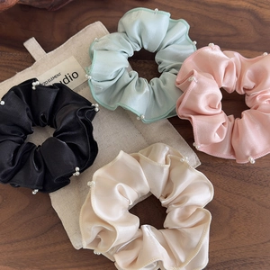 Set of 4 silk satin hair scrunchies with white pearls in black, green, pink and beige