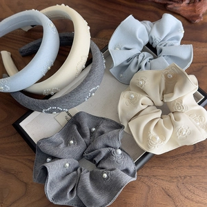 Elegance floral fabric headband set with pearls and 3D flower embroidery in blue and grey
