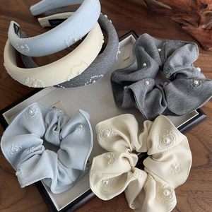 Floral relief fabric headband and hair scrunchie set with pearl accents in three colors