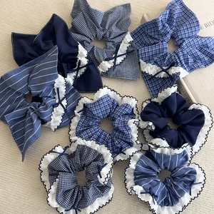 Lot de chouchous à carreaux bleus avec dentelle et nœuds pour coiffure féminine