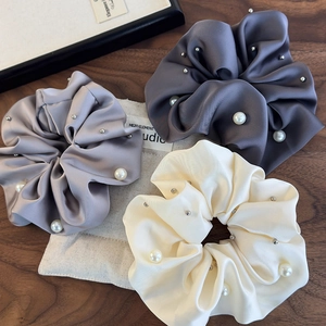 French Elegant Satin Scrunchies With Faux Artificial Pearl Metal Studs Vintage Ruched Hair Ties For Women Girls Daily Party Accessories