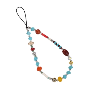 Colorful handmade beaded phone strap with turquoise beads and floral metal accent