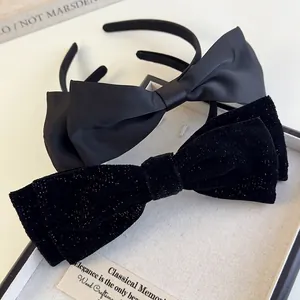 Vintage Black Large Bow Headband Elegant Satin Fabric Hair Hoop High Skull Top Retro Hair Accessories For Women Party Daily