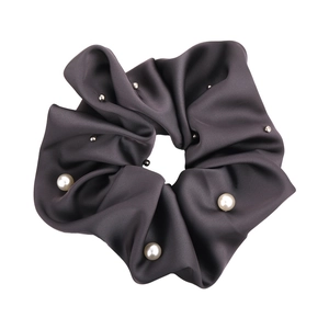 Elegant charcoal grey satin scrunchie with white pearls and silver beads decoration