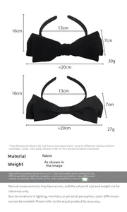 Size chart for black velvet and satin oversized bow headbands with detailed dimensions