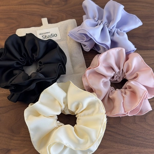 Set of 4 large satin pleated scrunchies in black, purple, pink, and cream white colors