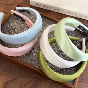 Vintage Padded Satin Headband For Women Solid Color Elegant High Cranial Top Handmade Fashion Hair Hoop Accessories
