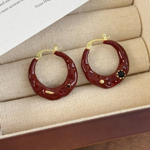 French vintage burgundy red enamel hoop earrings with gold accents for women